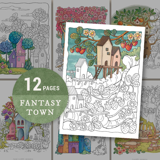 FANTASY TOWN - Pack of 12 Coloring Pages