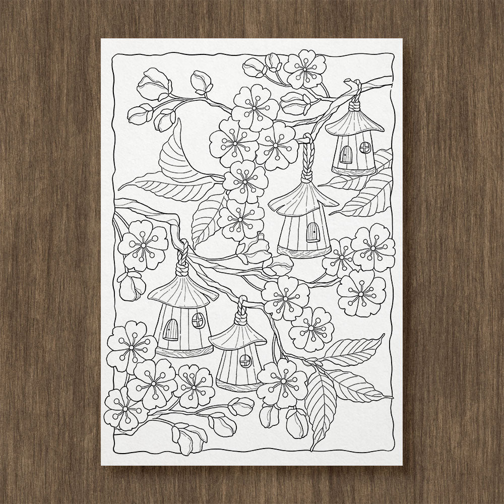 Cherry Blossom Village Coloring Page