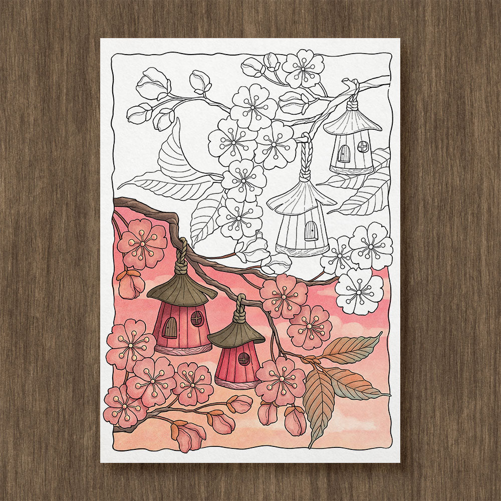 Cherry Blossom Village Coloring Page